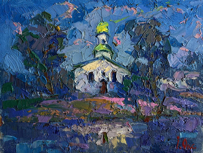 Vibrant oil painting Early in the morning at church by Oksana Ivanyuk