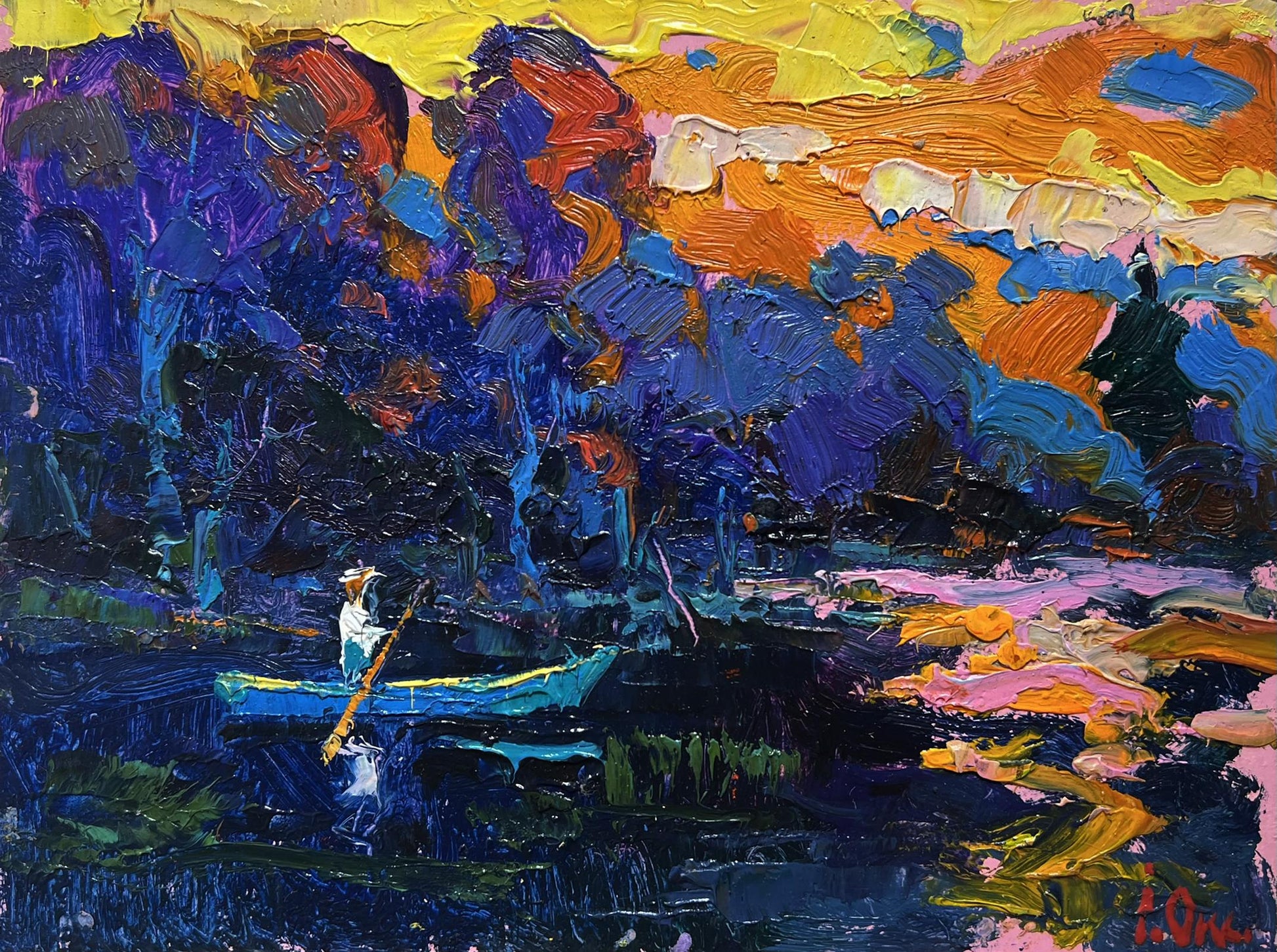 Quiet fishing oil painting by Oksana Ivanyuk: blue boat in vibrant sunset sky