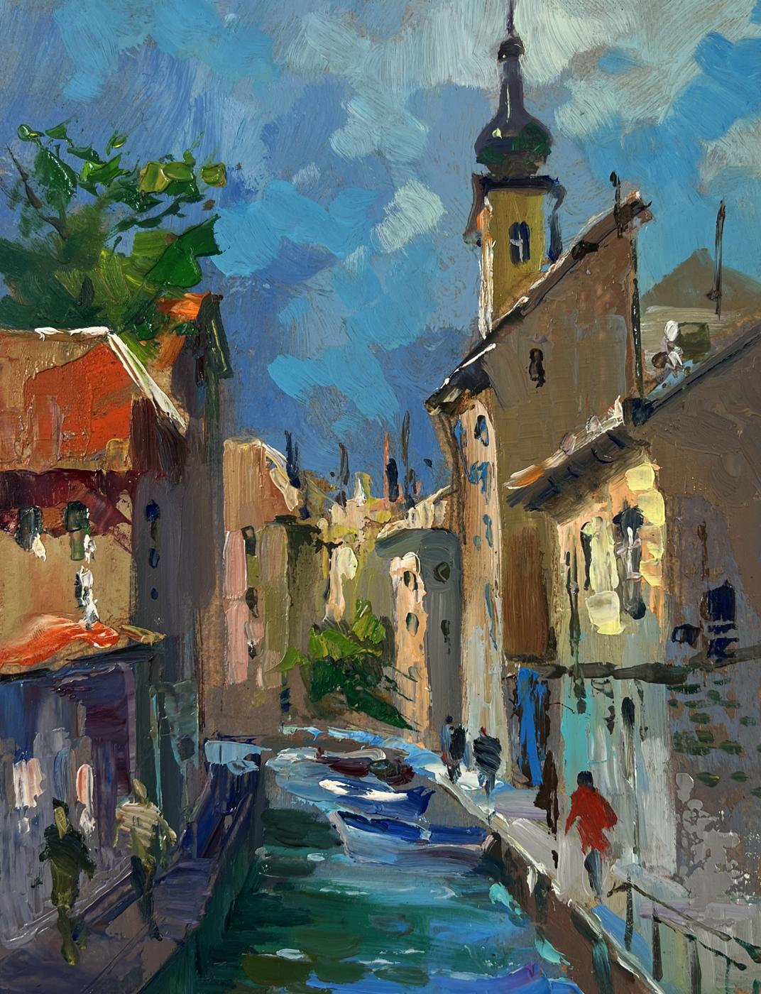 Vibrant impressionist oil painting of Yuriy Suprunchuk sunlit European canal