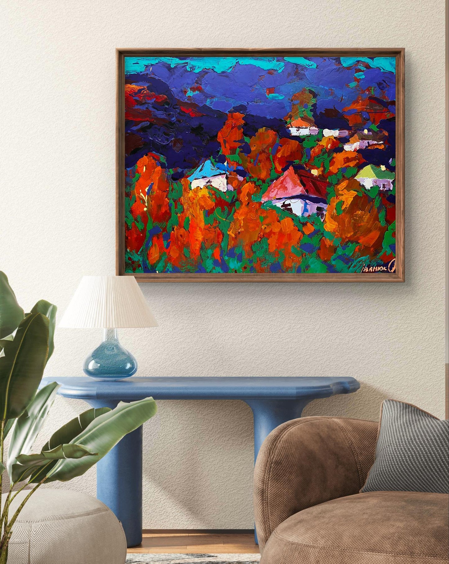 Oil painting Autumn is crimson by Oleksiy Ivanyuk, vibrant abstract landscape
