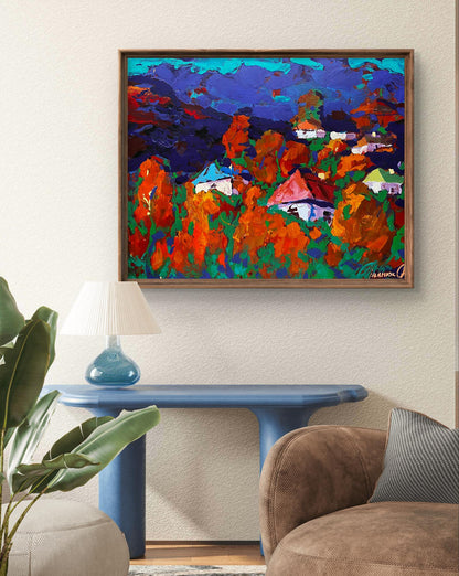 Oil painting Autumn is crimson by Oleksiy Ivanyuk, vibrant abstract landscape
