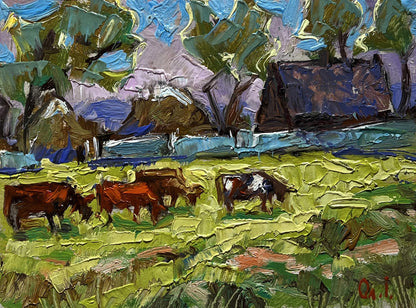 Vibrant impressionistic oil painting by Oleksiy Ivanyuk of cows grazing in sunlit green field