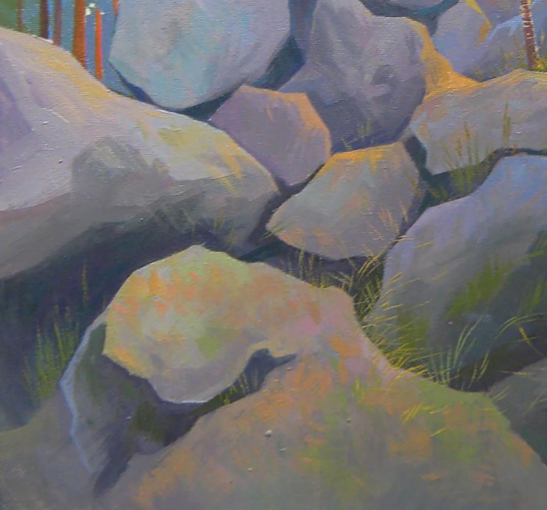 Oil painting Among the Stones by Valery Savenets, rugged gray purple rocks with green grass
