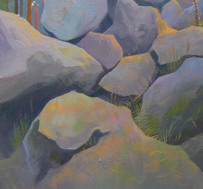 Oil painting Among the Stones by Valery Savenets, rugged gray purple rocks with green grass