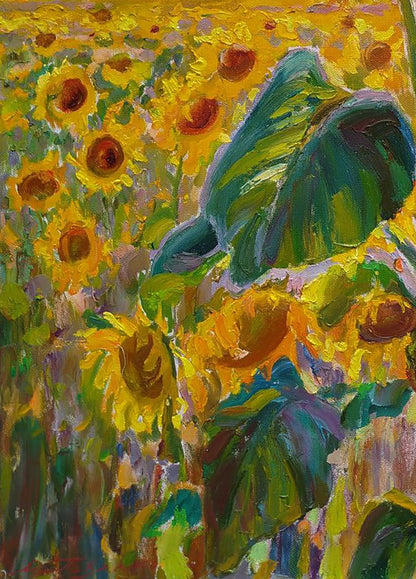 Vibrant impressionist oil painting Among the Sunflowers by Leonid Pavlenko