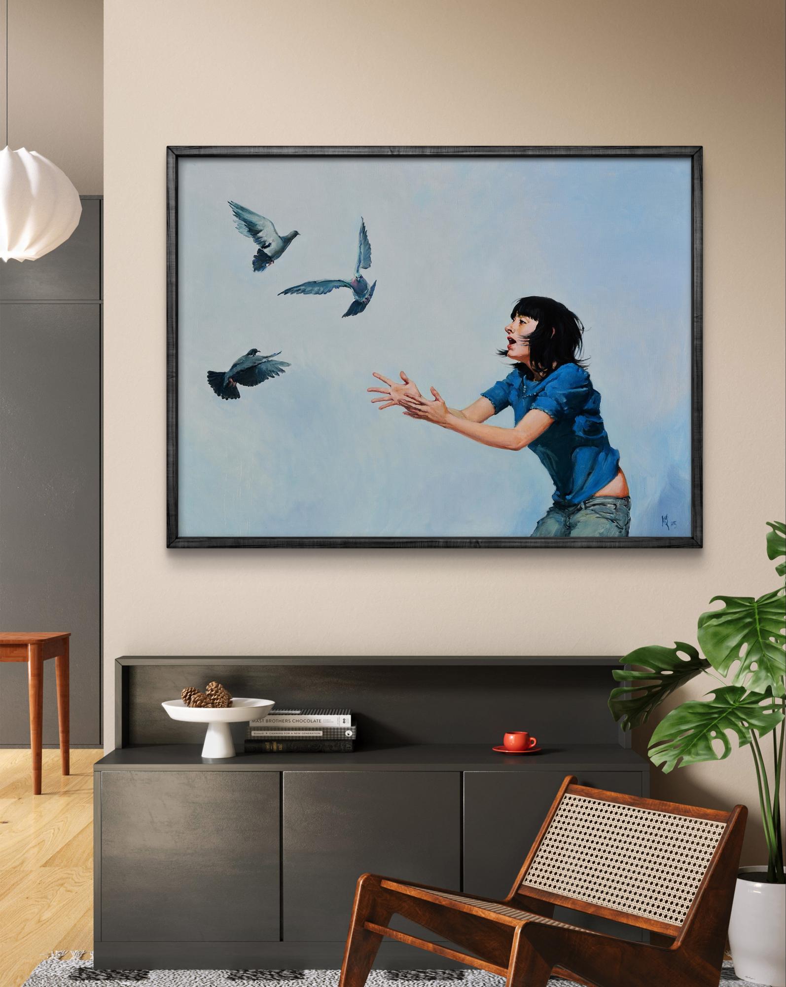 Framed Oil painting So Scare a Dove by Oleg Kateryniuk with woman catching pigeons