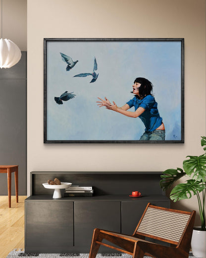 Framed Oil painting So Scare a Dove by Oleg Kateryniuk with woman catching pigeons