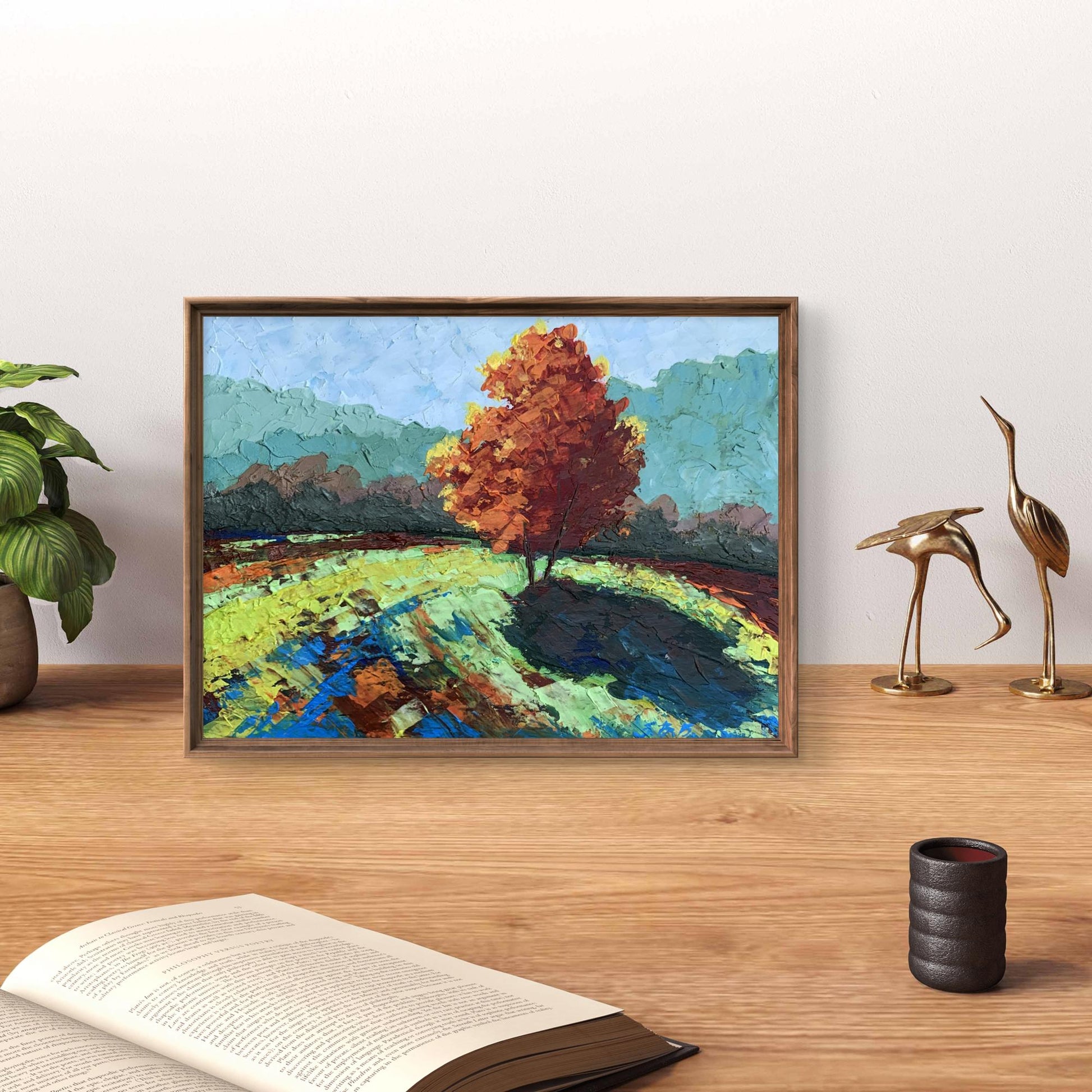 Oil painting Autumn tree V. Zadorozhnya in rustic wooden frame