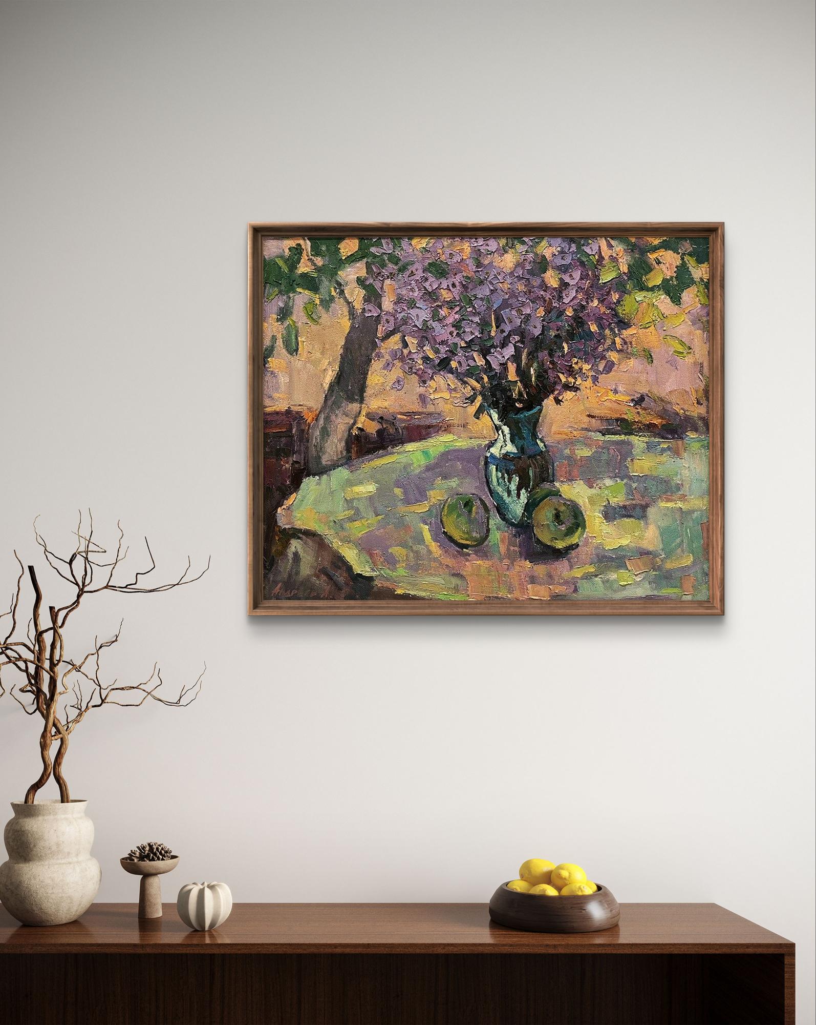 Oil painting Summer bouquet by Oleksandr Andreev: purple blossoms in green vase