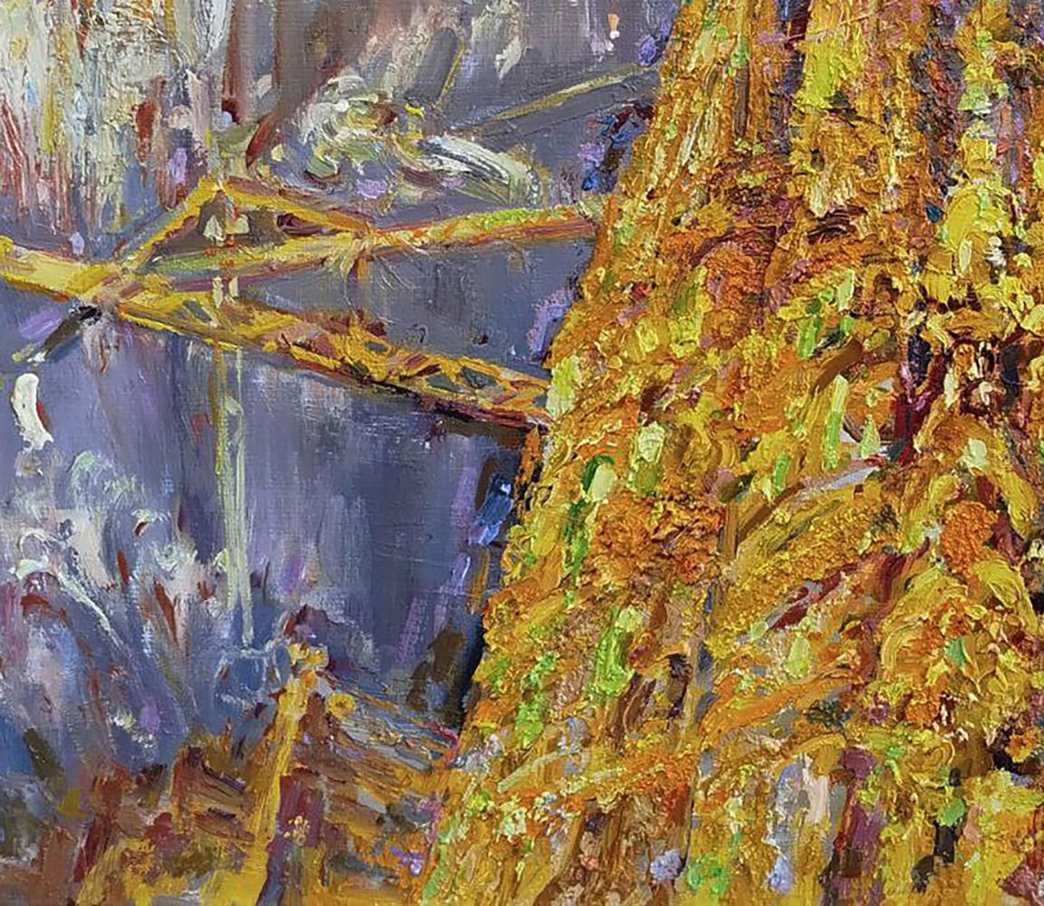 Oil painting of Temple of the Holy Family by Leonid Pavlenko, textured golden tree trunk