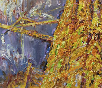 Oil painting of Temple of the Holy Family by Leonid Pavlenko, textured golden tree trunk