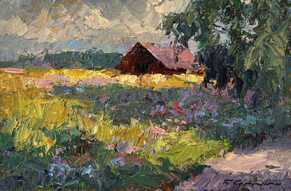 Oil painting Warmth in the Air by Boris Serdyuk: rustic red-roofed barn in vibrant fields