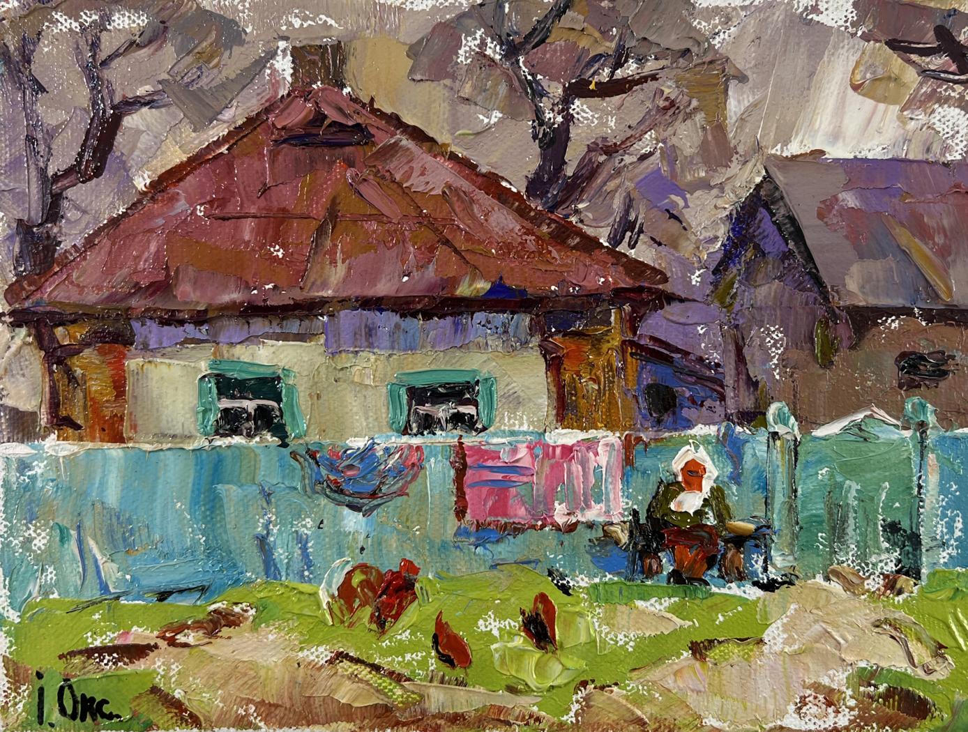 Oil painting Yard in Sunset Light by Oksana Ivanyuk: rustic house with red roof