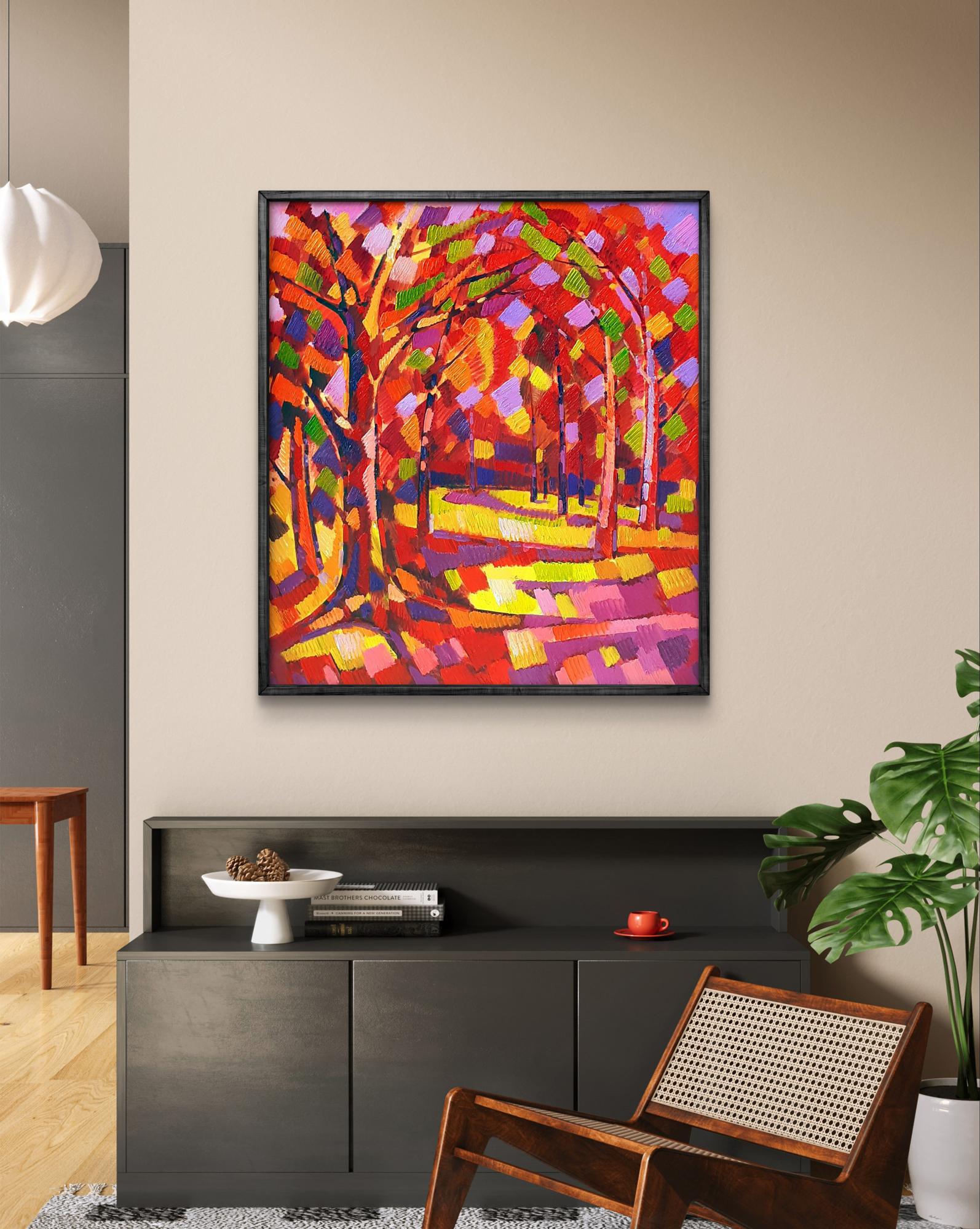 Oil painting Autumn by Peter Dobrev: vibrant geometric forest scene