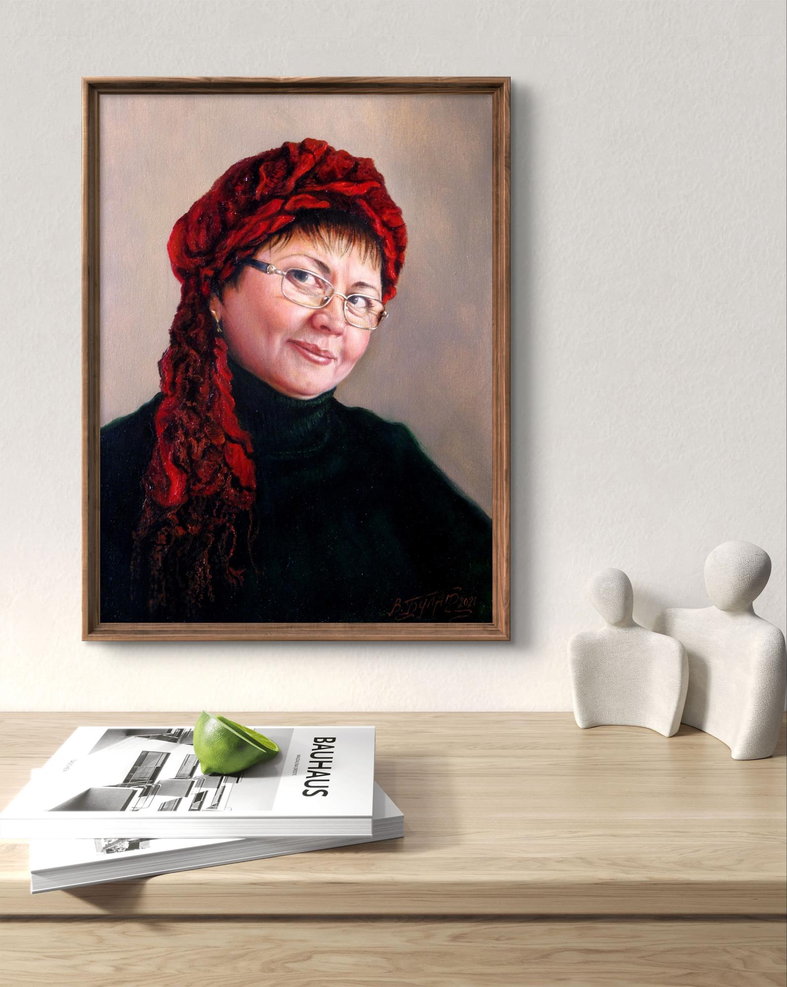 Oil painting Modest Valeriy Bulat: framed portrait of woman in glasses and red headscarf