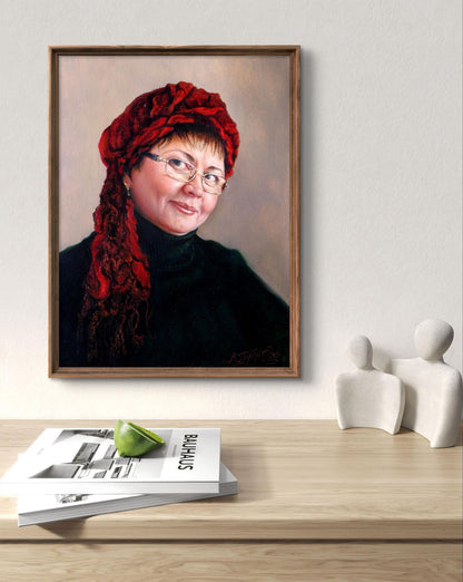 Oil painting Modest Valeriy Bulat: framed portrait of woman in glasses and red headscarf