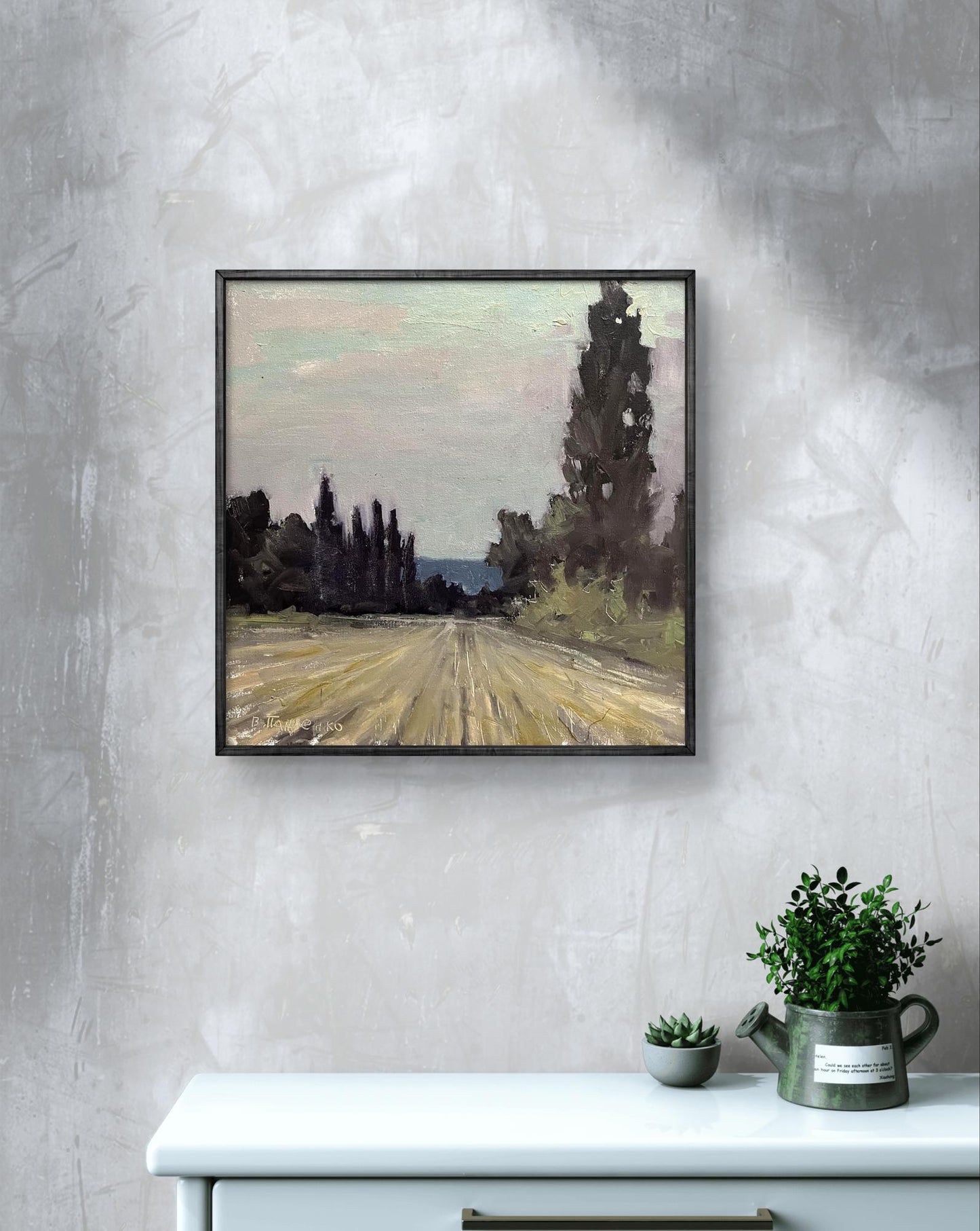 Oil painting Mowed field by Volodymyr Pashchenko rustic road with trees