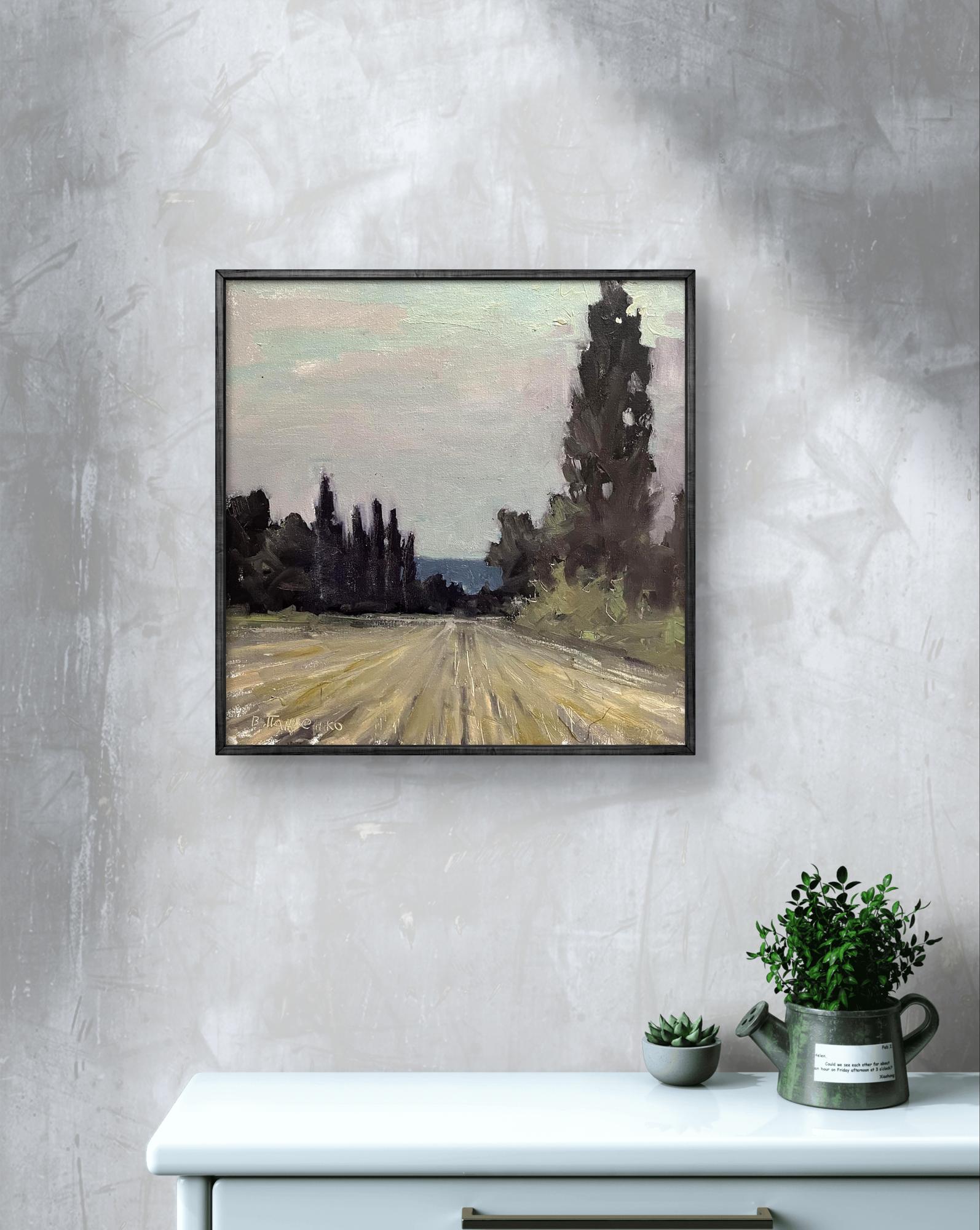 Oil painting Mowed field by Volodymyr Pashchenko rustic road with trees