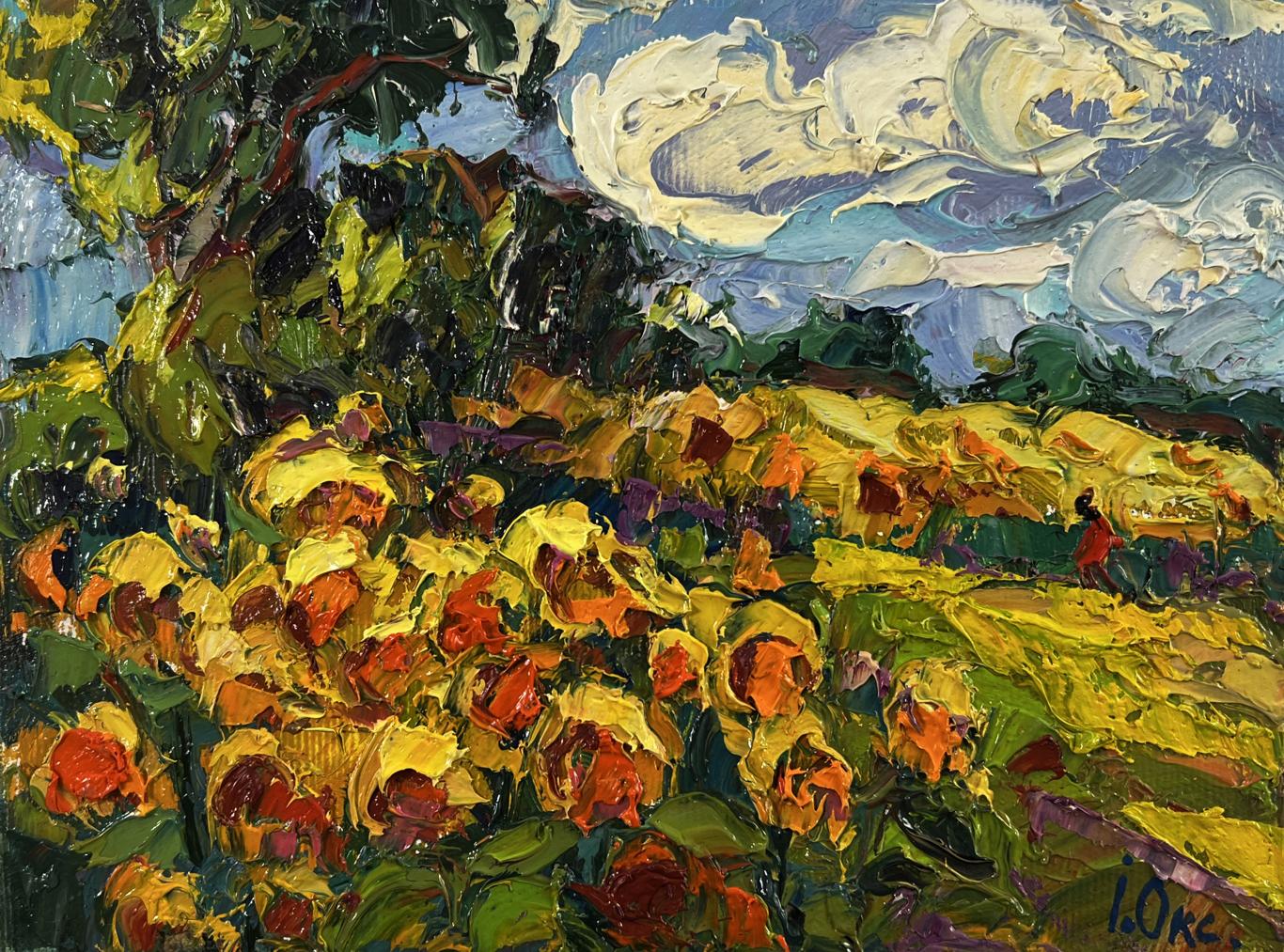 Vibrant impressionist oil painting of daytime sunflowers by Oksana Ivanyuk
