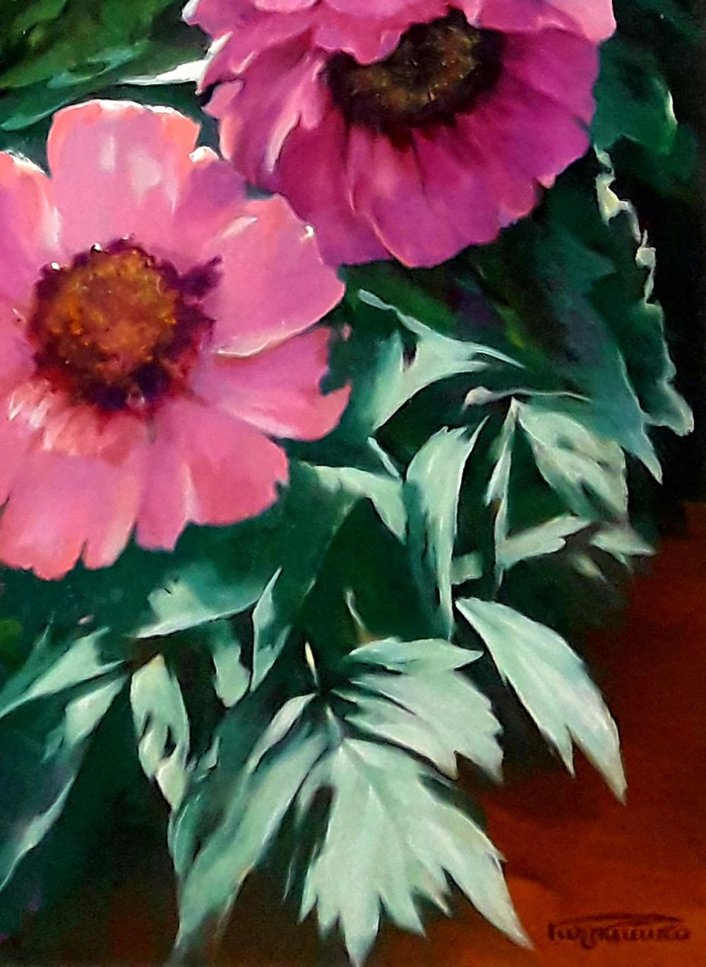 Vibrant pink peonies oil painting by Vasily Korkishko with lush green foliage