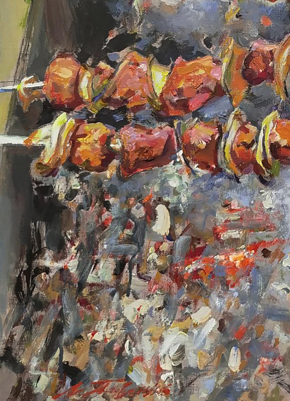 Oil painting of vibrant orange red grilled meat skewers on charcoal grill by Leonid Pavlenko