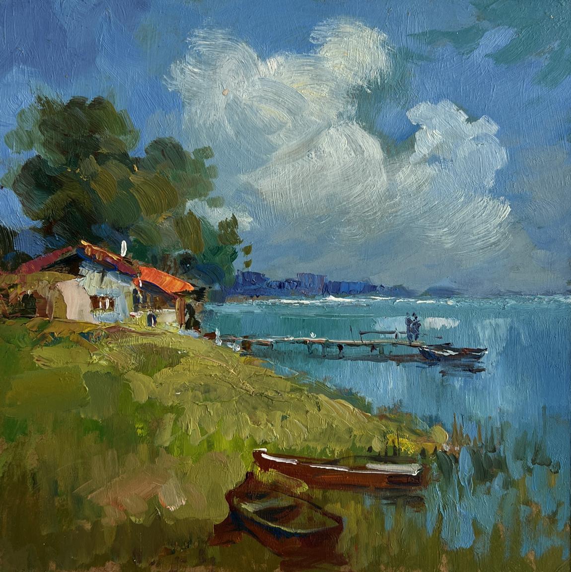Vibrant impressionist oil painting by Yuriy Suprunchuk of house near river with red boats