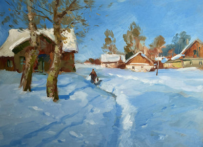 Oil painting Quiet village in winter by Yuriy Suprunchuk snowy scene