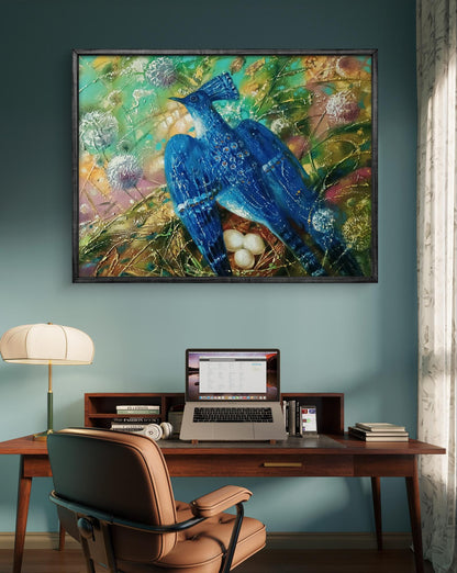 Abstract oil painting Blue Bird by Anatoly Tarabanov, vibrant blue bird on floral background