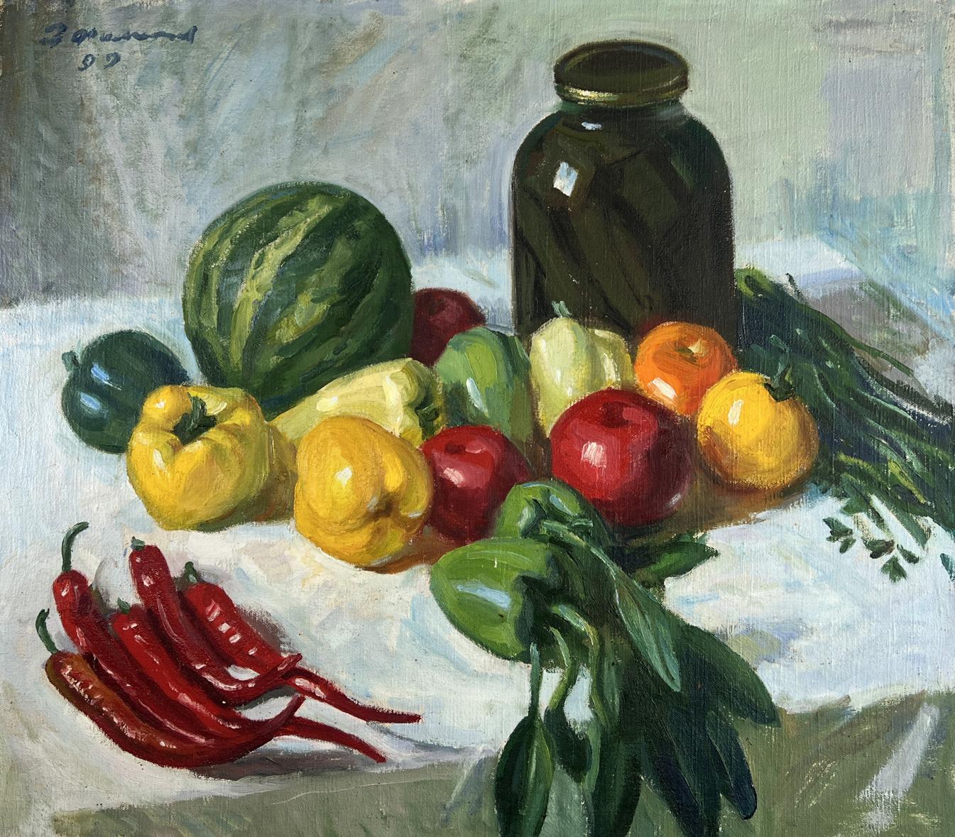 Oil painting of dark green watermelon on dining table by Zinovy Filippov