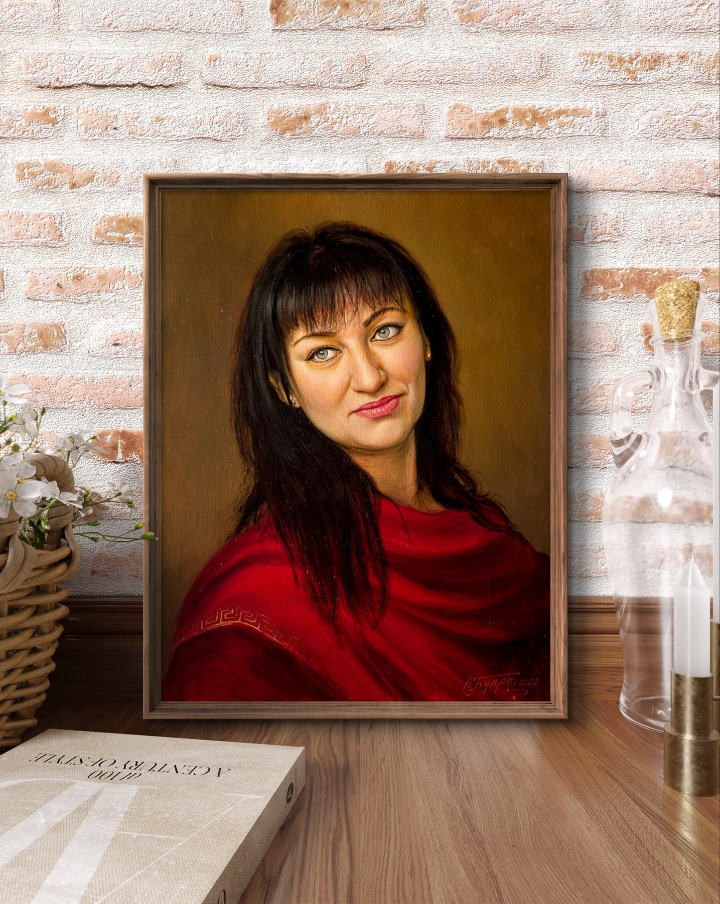 Oil painting Carol Valeriy Bulat: portrait of woman with dark hair, green eyes in red gold garment