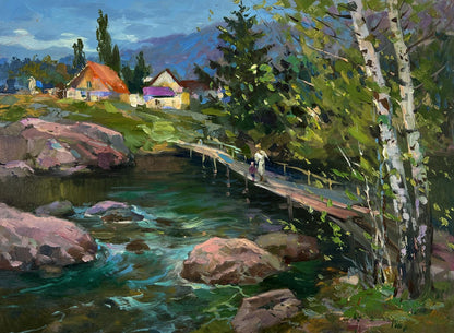 Oil painting of wooden bridge over river by Yuriy Suprunchuk