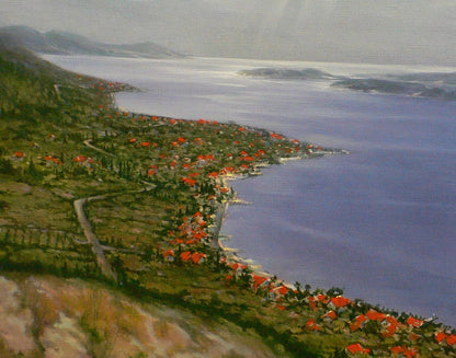 Oil painting by Vasily Korkishko: coastal village with red roofs on blue shore