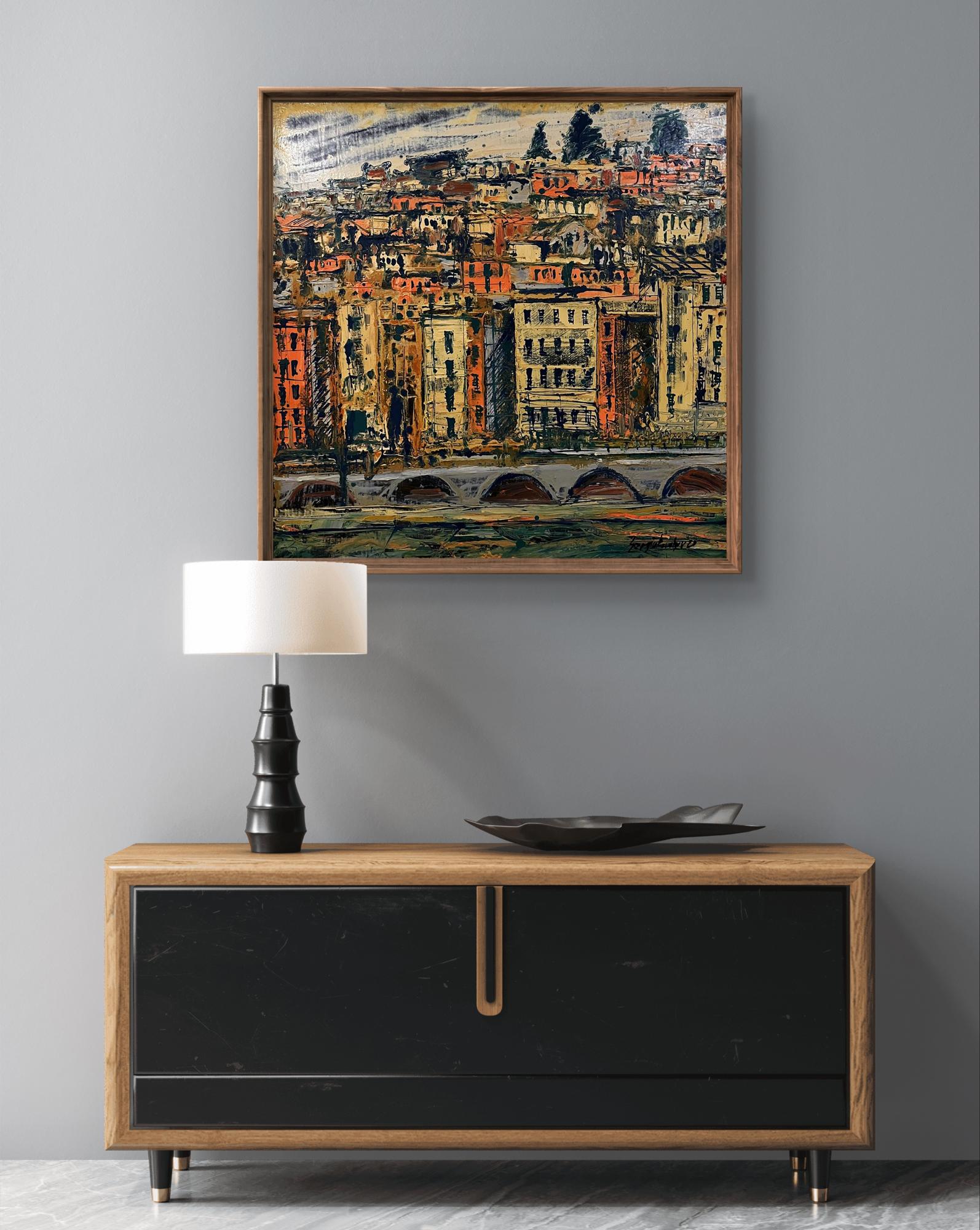 Framed Oil painting Approximation by Serhiy Kovalev abstract cityscape in oranges reds yellows