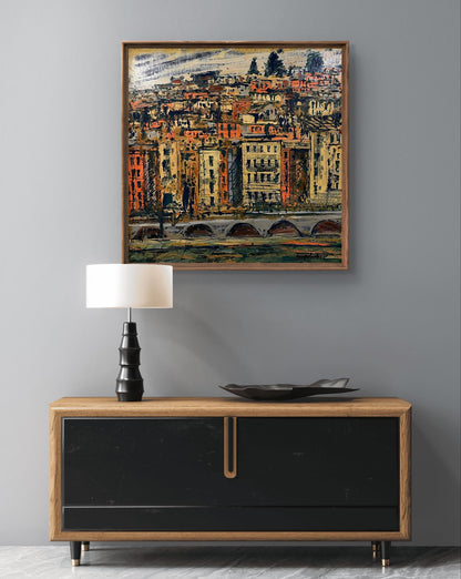 Framed Oil painting Approximation by Serhiy Kovalev abstract cityscape in oranges reds yellows