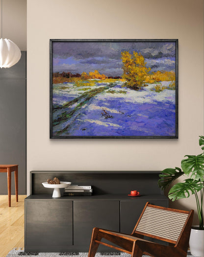 Oil painting Unexpected Snow by Boris Serdyuk in black frame