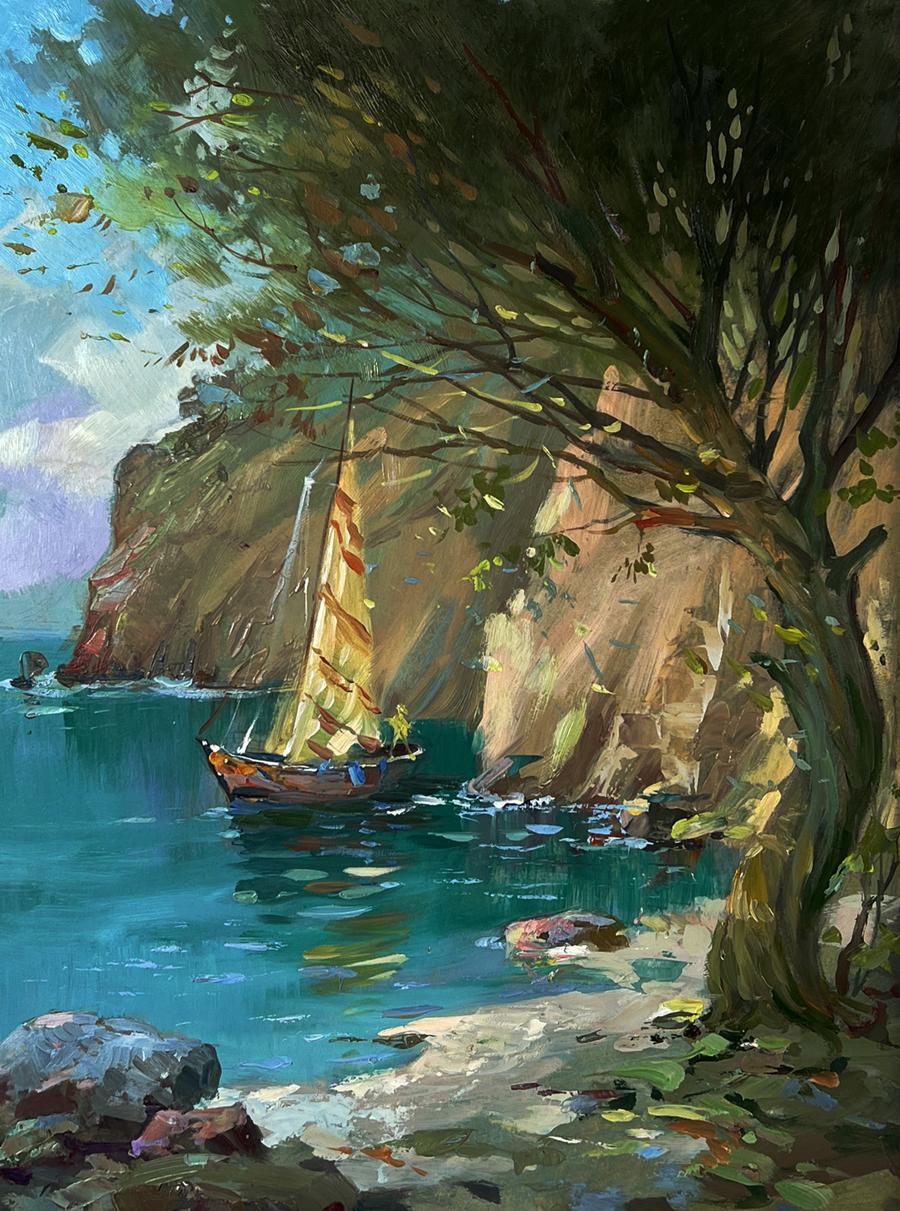 Oil painting by Yuriy Suprunchuk: sailboat with striped sail in turquoise waters near cliffs