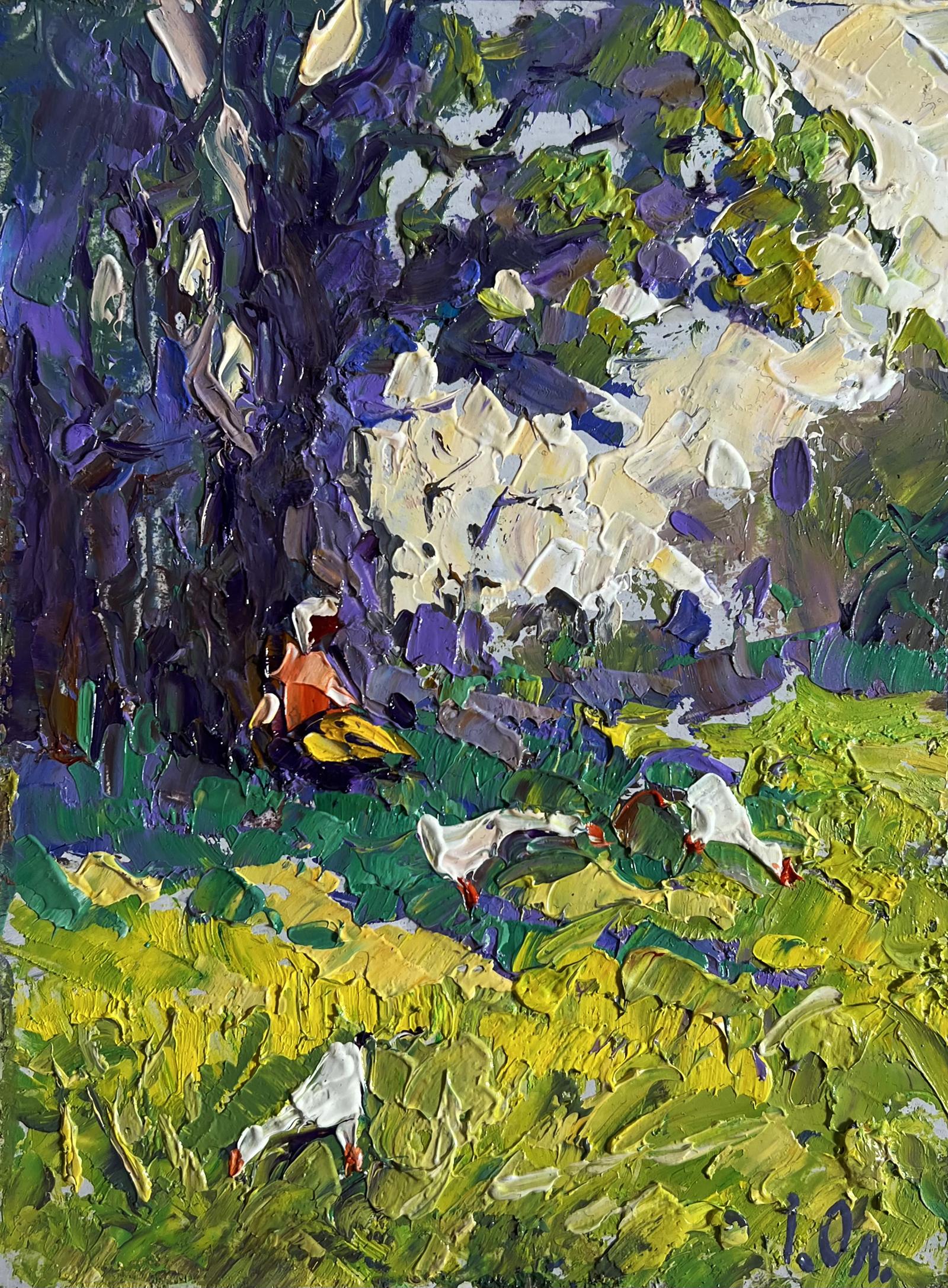 Oil painting Relaxing in the meadow by Oleksiy Ivanyuk with geese
