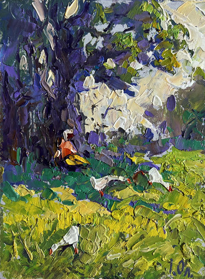 Oil painting Relaxing in the meadow by Oleksiy Ivanyuk with geese