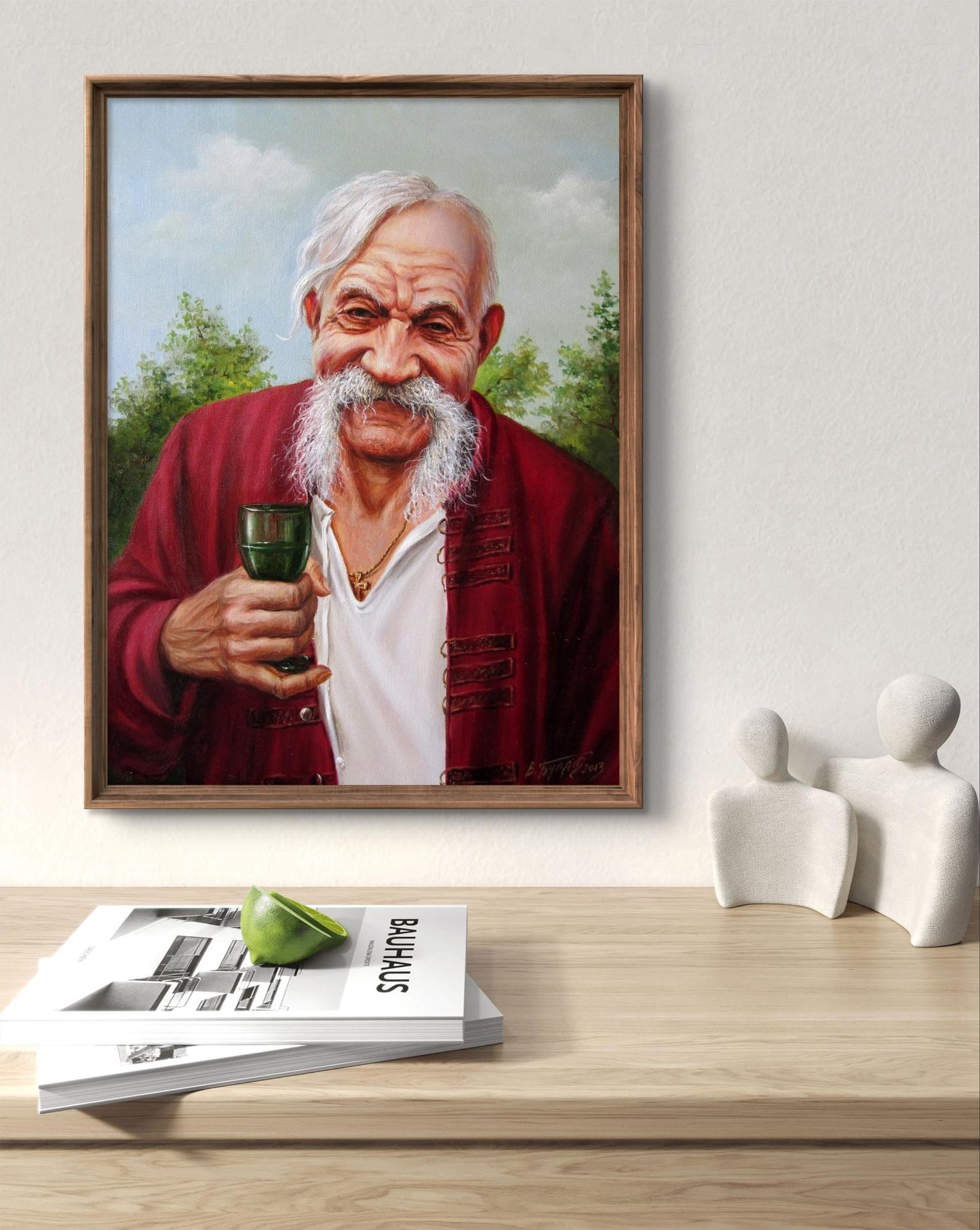 Framed oil portrait of Valeriy Bulat, elderly man with white beard holding green glass