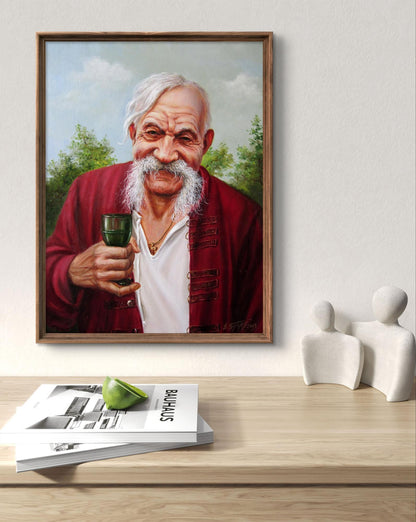 Framed oil portrait of Valeriy Bulat, elderly man with white beard holding green glass