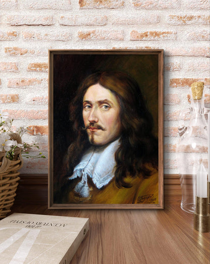 Framed oil painting portrait of Chevalier Valeriy Bulat with long brown hair