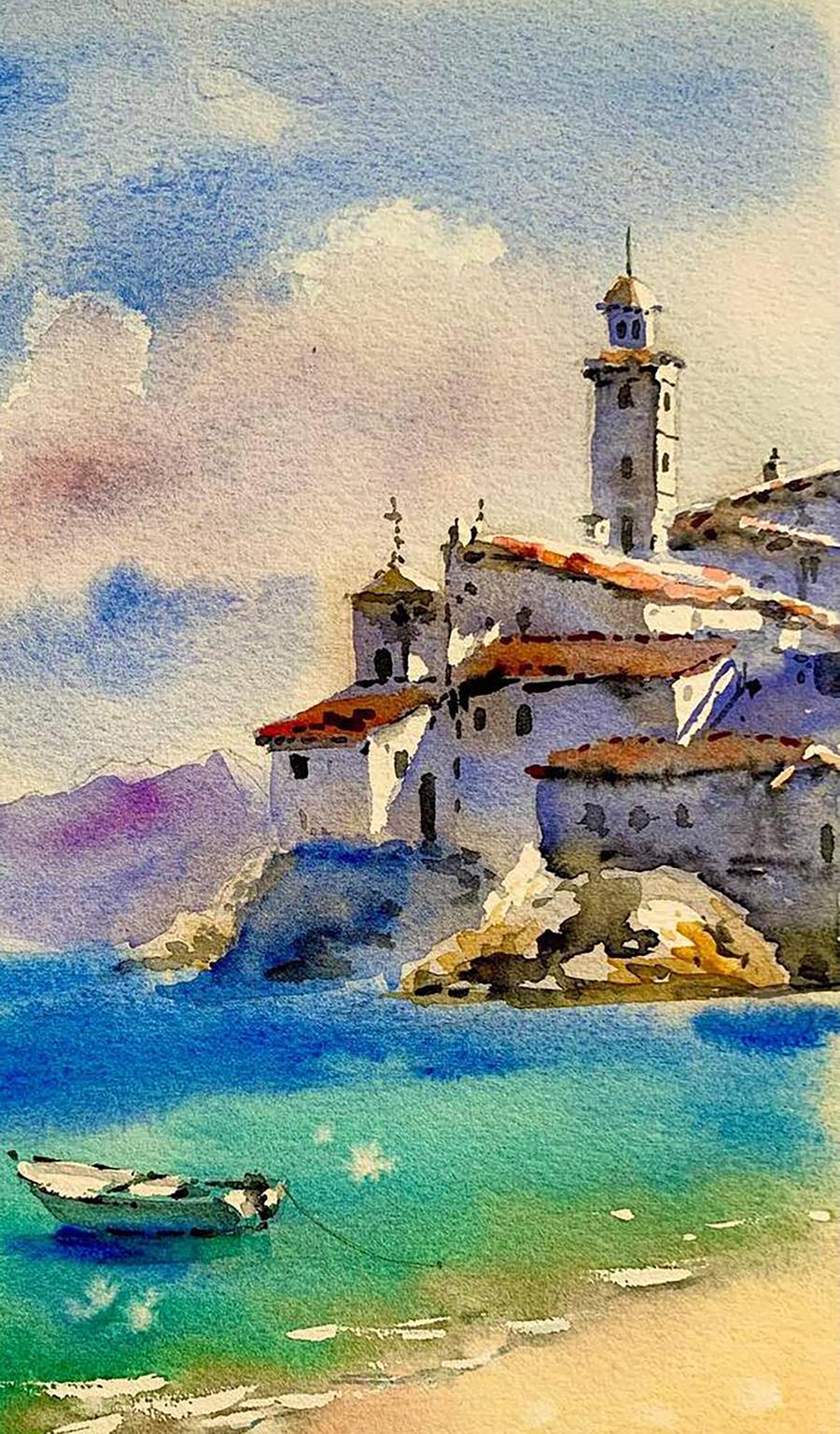 Watercolor painting Stone City on the Shore Olena Klimenko