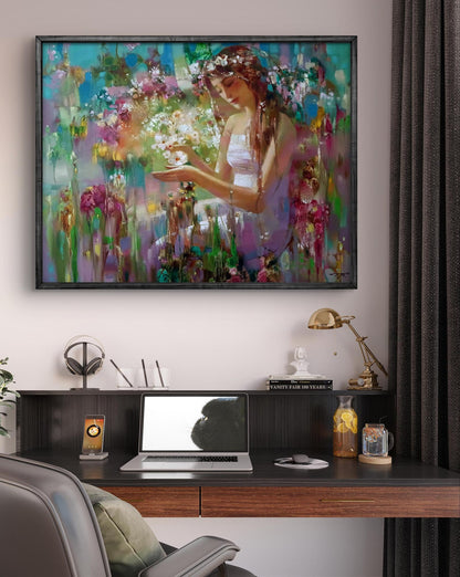 Abstract oil painting Spring Mirage by Anatoly Tarabanov with floral-crowned woman