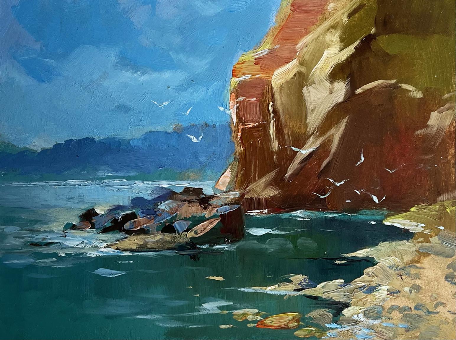 Oil painting Rocky seashore by Yuriy Suprunchuk vibrant cliffside view