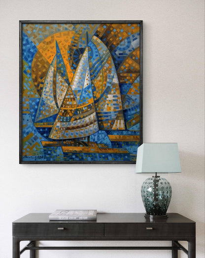 Framed abstract mosaic oil painting of sailboats by Sergiy Voichenko