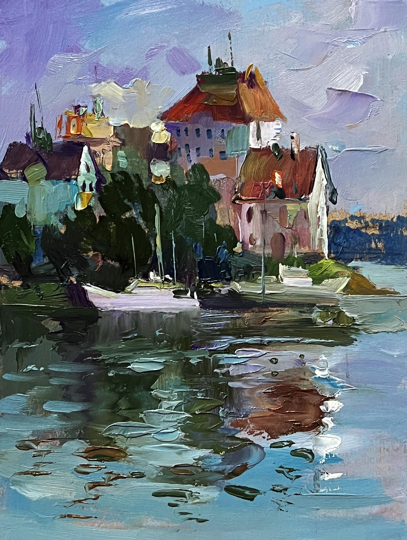 Vibrant impressionist oil painting of riverside houses by Yuriy Suprunchuk