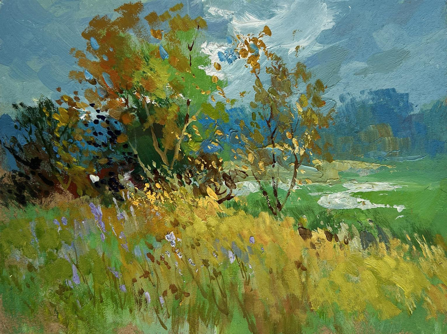 Vibrant impressionistic oil painting by Yuriy Suprunchuk: sunlit meadow with wildflowers