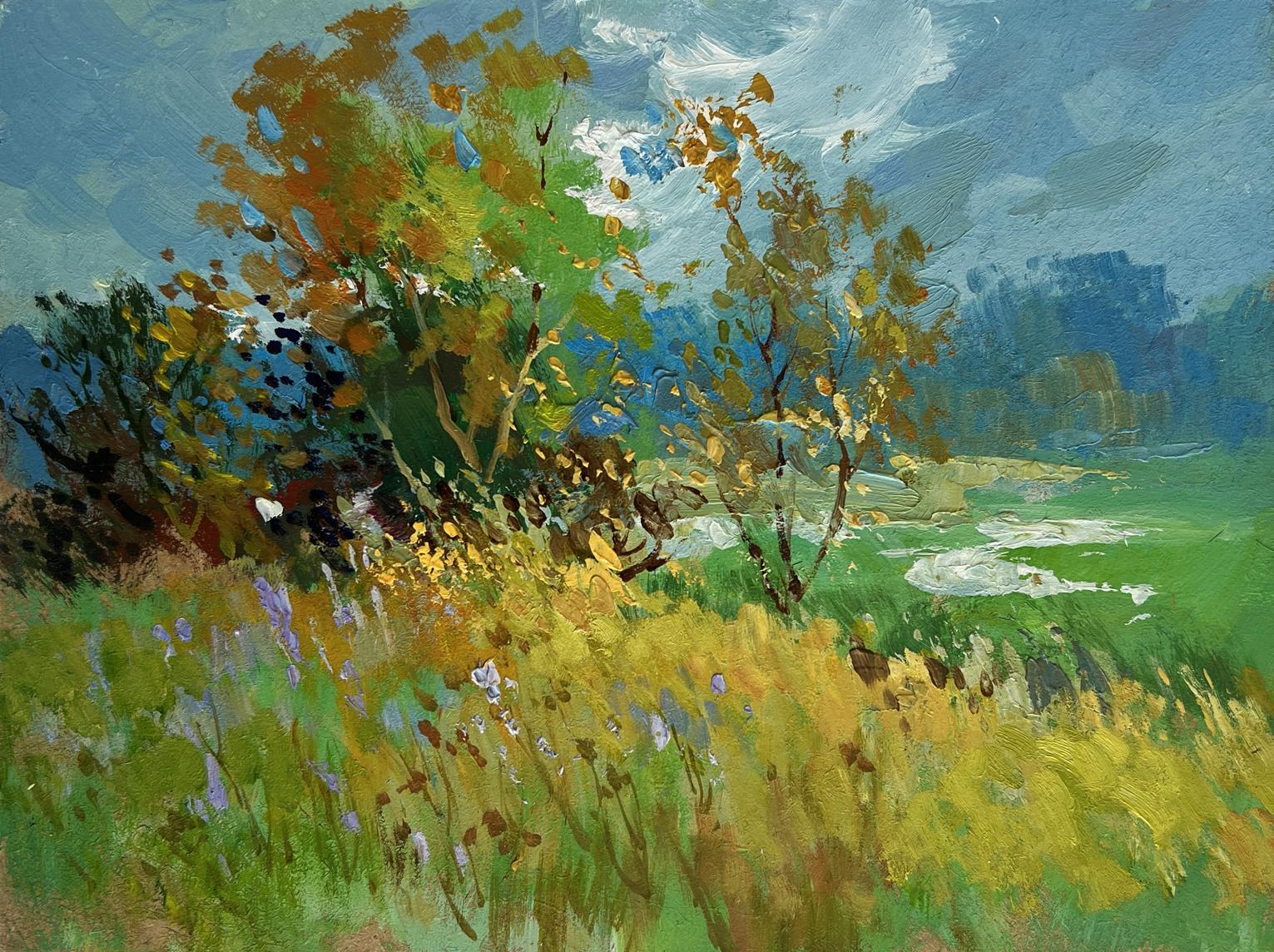 Vibrant impressionistic oil painting by Yuriy Suprunchuk: sunlit meadow with wildflowers