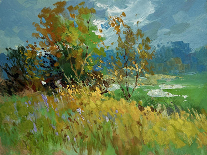 Vibrant impressionistic oil painting by Yuriy Suprunchuk: sunlit meadow with wildflowers