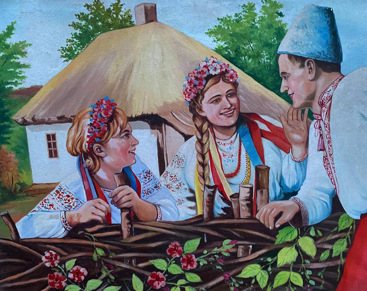 Oil painting of smiling youth in embroidered attire near house by unknown artist